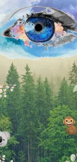 Whimsical forest wallpaper with galaxy eye and animals.