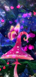 Fantasy wallpaper with pink mushroom, butterfly, and heart accents in a mystical forest.