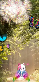 Whimsical forest scene with butterflies and a colorful creature.