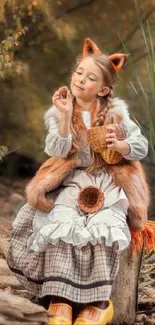 Girl in fox costume by a tranquil forest stream, surrounded by nature.