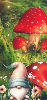 Whimsical gnome and red mushroom forest wallpaper.