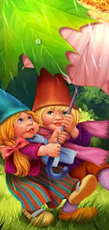 Whimsical gnomes under rain in a vibrant forest.