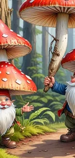 Cheerful gnomes with mushrooms in forest.