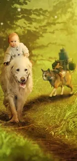 Baby riding a dog in a magical forest.