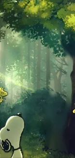 Cartoon forest wallpaper with green hues and playful characters.