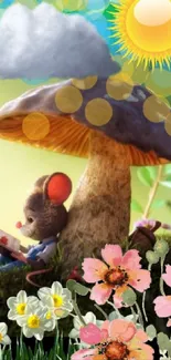 Whimsical wallpaper featuring a mouse under a mushroom surrounded by flowers.