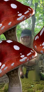 Red spotted mushrooms in a lush forest setting.