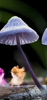 Whimsical mushrooms and cute creatures in a magical forest setting.