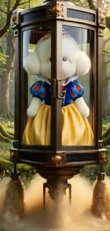 Whimsical stuffed toy in a fairytale forest.