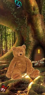 Teddy bear sits in a magical forest with butterflies and a mysterious tree door.