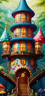 Whimsical fantasy tower in a colorful forest, vibrant wallpaper design.