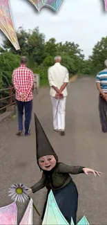 Three men walking with a gnome in a whimsical forest scene.