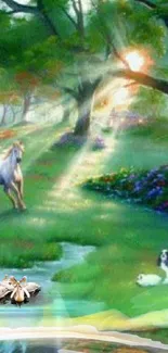 Unicorn in a whimsical forest with serene nature.