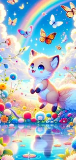 Cute fox with butterflies and flowers in a colorful scene.