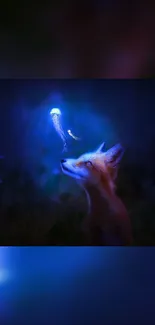 Fox looks at glowing blue jellyfish in a dark mystical forest setting.