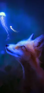 Fox looks at a glowing jellyfish in the night, surrounded by a deep blue aura.