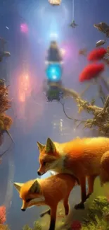 Fantasy art depicting foxes in a whimsical, vibrant setting with a futuristic backdrop.