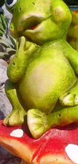 Whimsical green frog sitting on a red mushroom in a garden setting.