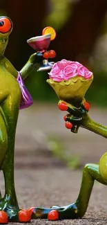 Two playful frogs in a romantic pose on a vibrant nature backdrop.