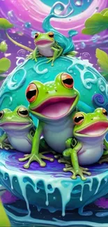 Colorful cartoon frogs on vibrant teal background.