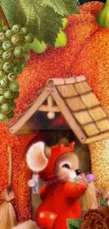 Whimsical fruit cottage with mouse illustration.