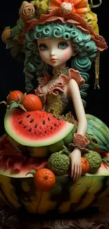 Whimsical doll sculpture with fruit ensemble, artistic wallpaper.