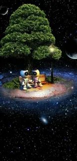 Cartoon robots under tree in galaxy with stars.