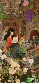 Whimsical art with a girl reading in a floral garden by a castle.