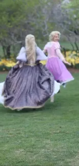 Two ladies in dresses twirl in a vibrant garden setting.