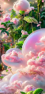 Whimsical fantasy wallpaper with pink clouds and lush garden.