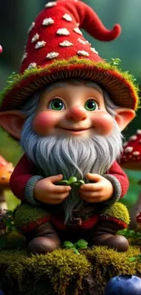 Charming garden gnome with red hat and mushrooms, perfect for fantasy enthusiasts.
