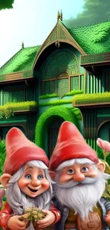 Two cheerful garden gnomes in front of a lush green-roofed house.