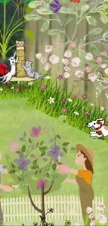 Whimsical wallpaper with gardeners and playful pets in a vibrant garden setting.