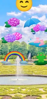 Whimsical garden wallpaper with emojis, flowers, and a rainbow.