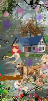 Whimsical scene with flowers, dog, and a house in a garden setting.