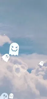 Mobile wallpaper of cute ghosts in a sky with fluffy clouds.