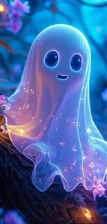 Enchanting neon ghost with magical forest glow.