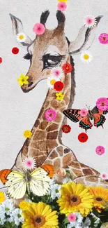 Whimsical giraffe surrounded by colorful flowers and butterflies in artistic design.