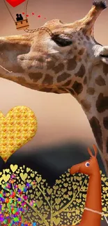 Whimsical wallpaper featuring a giraffe with heart decorations and backgrounds.