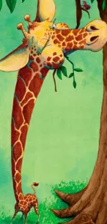 Whimsical giraffe reaching for leaves on a bright green background.