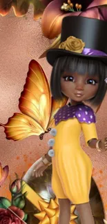 Whimsical girl with butterfly in vibrant fantasy art wallpaper.