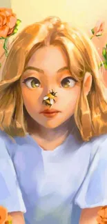 Whimsical illustration of a girl surrounded by orange flowers with a bee on her nose.