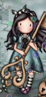 Cartoon girl with oversized key in whimsical fantasy setting.