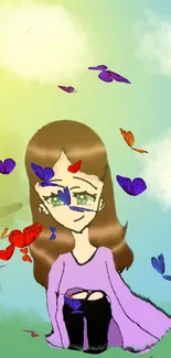 Cartoon girl surrounded by colorful butterflies on light green background.