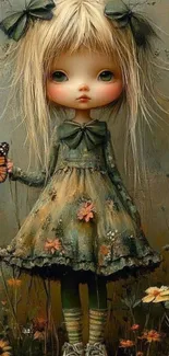 Whimsical doll-like girl with a butterfly in a floral dress.