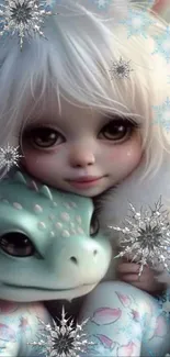 Whimsical girl holding a dragon in a snowy fantasy setting.