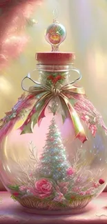 A whimsical glass ornament with a Christmas tree inside, adorned with pink ribbons.