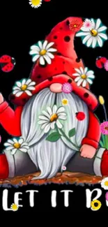 Gnome with daisies and ladybugs on a whimsical wallpaper.