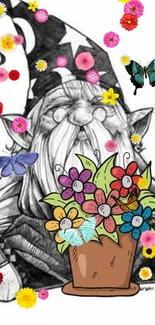 Whimsical gnome with colorful flowers and butterflies on white background.