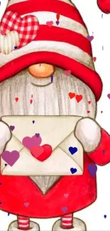 Whimsical gnome in red stripes holding a heart envelope.